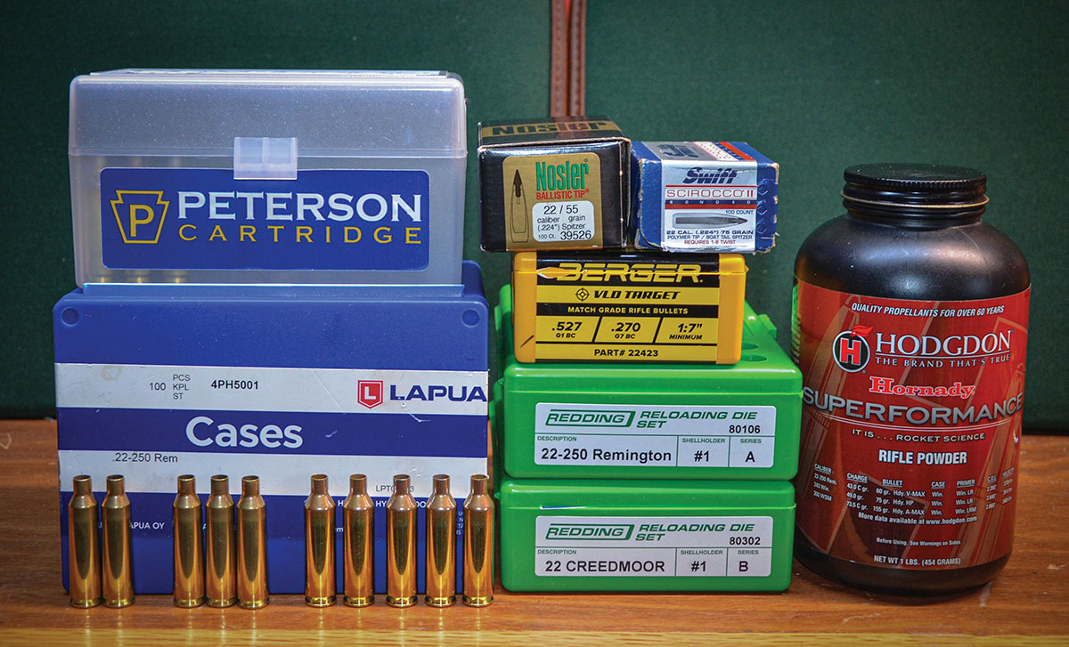 Peterson 22 Creedmoor cases are available with Small Rifle and Large Rifle primer pockets, while Lapua 22-250 cases have Large Rifle primer pockets. Excellent ammunition for both rifles was loaded with Redding die sets. The Berger 90-grain VLD Target, Swift 75-grain Scirocco II and Nosler 55-grain Ballistic Tip were among the bullets Layne used in his accuracy-velocity testing of the two E.R. Shaw rifles. Superformance ranks high among a number of excellent powders suitable for loading the 22-250 and 22 Creedmoor.